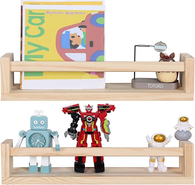 Nursery Floating Book Shelves for Kids Room, Kitchen Spice Rack, or Rustic Wall Mounted Shelves for Farmhouse Bathroom Decor (Natural Wood),Set of 2