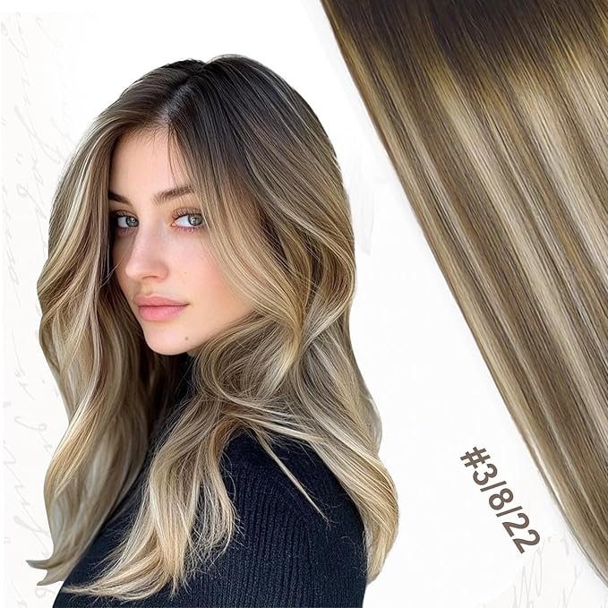 XDhair Balayage Human Hair Clip in Extensions 100g 6pcs 14 Inch Light Brown Mix Blonde Hair Extension Real Human Hair Clip ins Invisible Hair Extension(14”, 3/8/22)