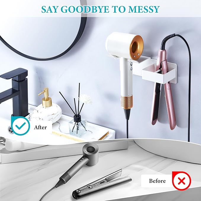 Hair Dryer Holder, Hair Straightener Holder Wall Mount, Hair Tool Organizer, Hairdryer and Straightener Holders, Adhesive Hair Tool Storage for Blow Dryer, Curling Iron, Flat Iron Stand (White)