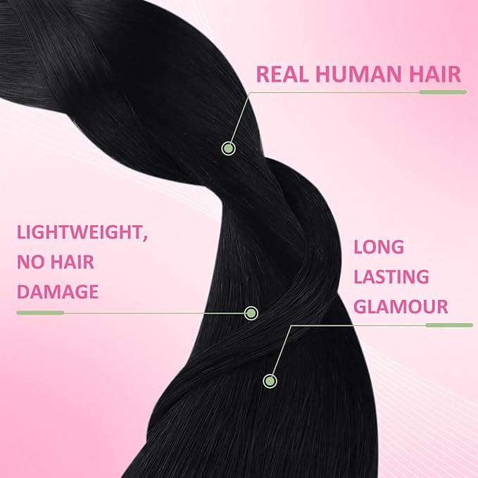 YoungSee Human Hair Tape in Extensions Black Invisible Tape in Hair Extensions Human Hair 20 Inch Jet Black 20pcs Tape ins Human Hair Long Tape-in Extension Real Human Hair for Daily