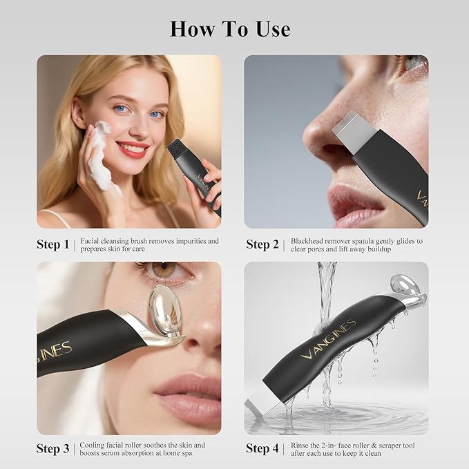 Blackhead Scraper Tool & Skin Scrubber Face Spatula for Blackhead Removal, Pore Cleaning, with Cooling Ice Roller & 2 Silicone Brush Heads (Charcoal Black)
