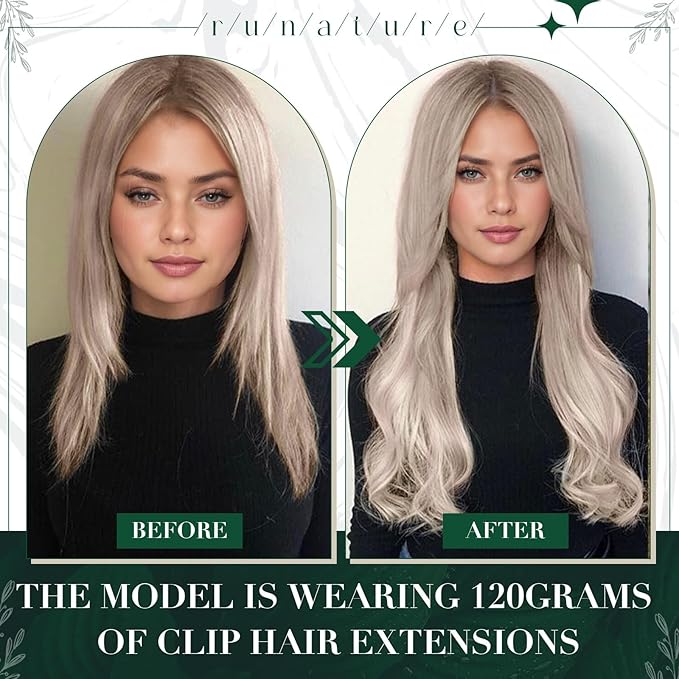 RUNATURE Clip in Hair Extensions Real Human Hair, Blonde Hair Extensions Clip Ins, Double Weft Human Hair Clip in Extensions, Remy Natural Hair, 16 Inch 50g 3pcs #19P60 Grey Blonde Highlights