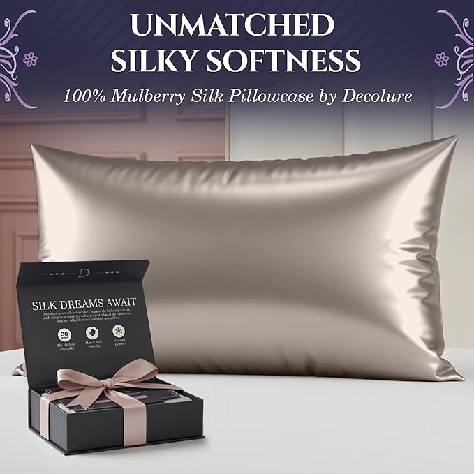 DECOLURE 100% Pure Mulberry Silk Pillow Case King Size – Highest Grade 30 Momme 6A+, Luxuriously Soft & Cooling Silk Pillowcase for Hair & Skin, Hypoallergenic, Breathable, Hidden Zipper (Champagne)