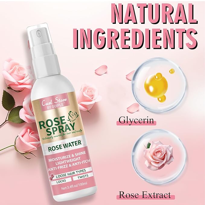 Rose Water Spray Scalp Moisturize Rose Water for Hair Refreshing- Rose Mist for Braid, Locs, Twist, Dreadlock, Rose Spray Medium Bristles for Thick Coarse Detangling Smoothing Wave Styles Set 3.4 floz