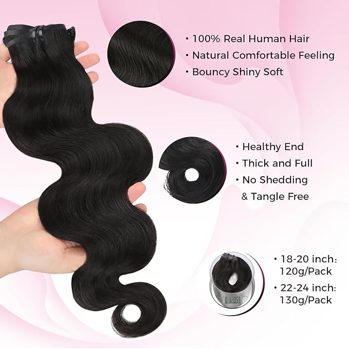 Lashey Seamless Clip in Hair Extensions Human Hair 120g 7pcs Body Wave Remy Human Clip in Hair Extensions with Full End 18 Inch Natural Black Thick