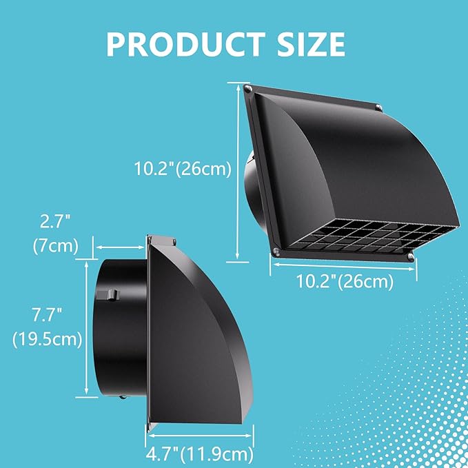 8 Inch Wall Vent Cover, HG Power Metal Exhaust Vent Cap Outside with Removable Screen & Cushioned Non-Return Flap for Home Wall, Kitchen(Blcak)