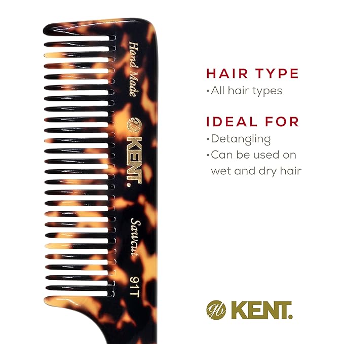 Kent 91T TY Detangler Comb for Women - Wide Tooth Hair Comb for Curly and Wavy Hair, Wet Hair Comb, Large Handle Shower Comb for Effective Detangling