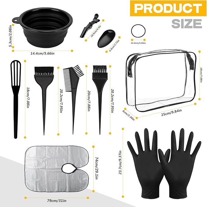 26PCS Hair Dye Coloring Kit, Professional Hair Bleach Kit, Hair Coloring Products, Gloves, Storage Bag, Rubber Band, Ear Cap, Mixing Spoon, Shawl, Clips, Brush, Bowl, Black