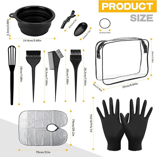26PCS Hair Dye Coloring Kit, Professional Hair Bleach Kit, Hair Coloring Products, Gloves, Storage Bag, Rubber Band, Ear Cap, Mixing Spoon, Shawl, Clips, Brush, Bowl, Black