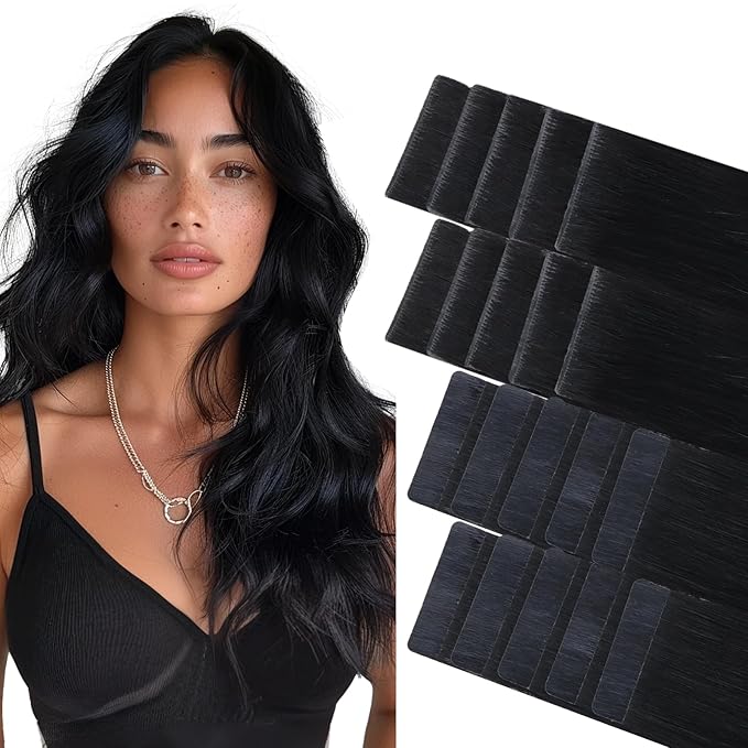 GOO GOO Invisi Edge Tape in Hair Extensions Human Hair, 1 Jet black 10pcs injected with 10pcs classical tape ins, 18inch 50g, Virgin Remy Hair, Natural Look