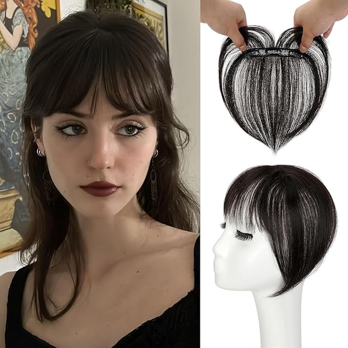 Bangs Hair Clip in Bangs 360°3D Cover Hair Topper Synthetic HairPieces for Women Dark Brown Wispy Fake Bangs Toppers for Daily Wear