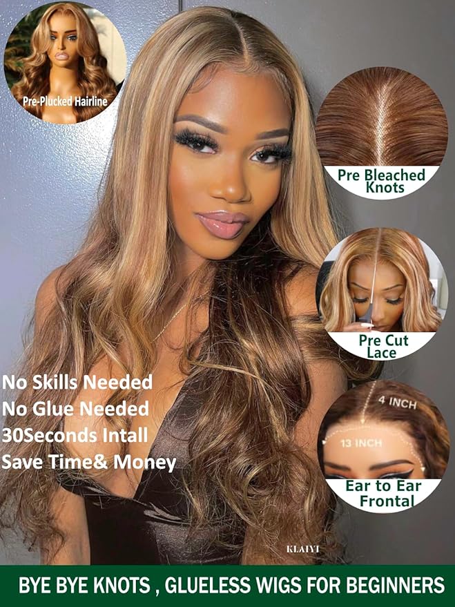 KLAIYI Wear And Go Glueless Wig Bye Bye Knots 13x4 Precut Lace Front Wigs Human Hair Ombre Highlight Blonde Body Wave Wig Pre Bleached Pre Everything Pre Plucked with Baby Hair 3S Ready to Wear 26Inch