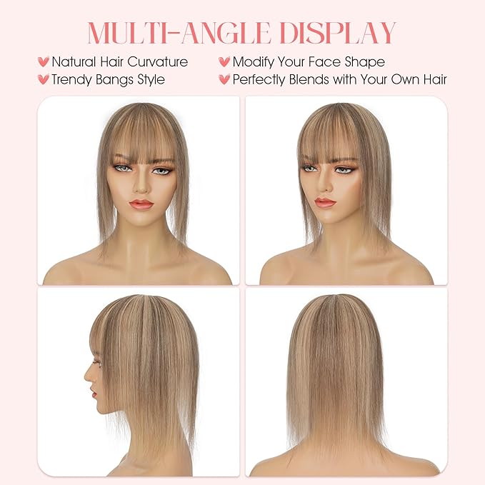 Hairro Mono Hair Toppers with Bangs, 3.4" x 3.4" Mono Base 100% Real Human Hairpieces for Women, 150% Density Clips In Topper for Greyish Thinning Hair, 14 Inch Medium Brown Mix Dark Blonde
