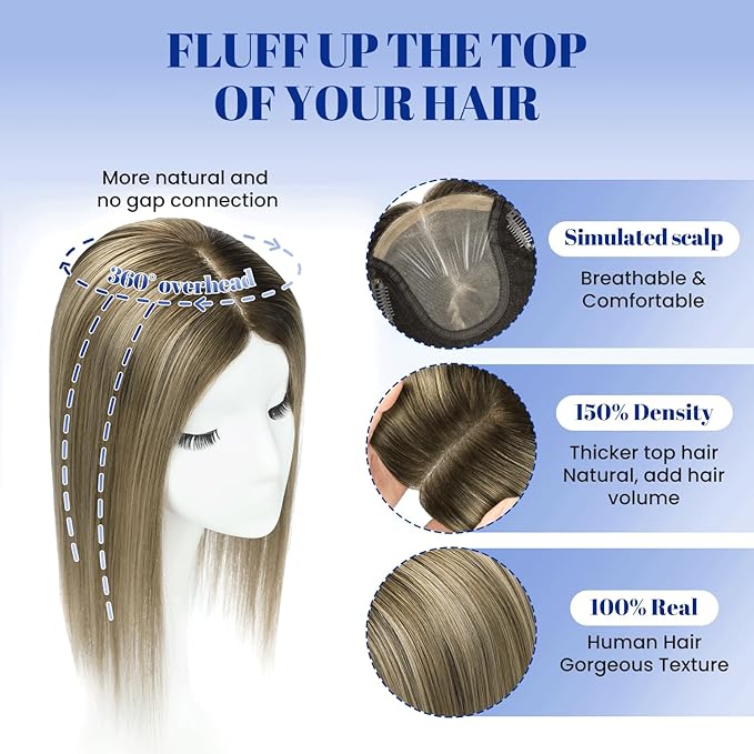 WORLDSTAR Hair Topper with No Bangs, 360° 3D Cover Toppers for Women Real Human Hair, 12Inch,6 * 7 Inch Base,55g,#2/6/18 Dark Brown to Chestnut Brown and Dirty Blonde, Clip in Topper (tp#2/6/18-12)