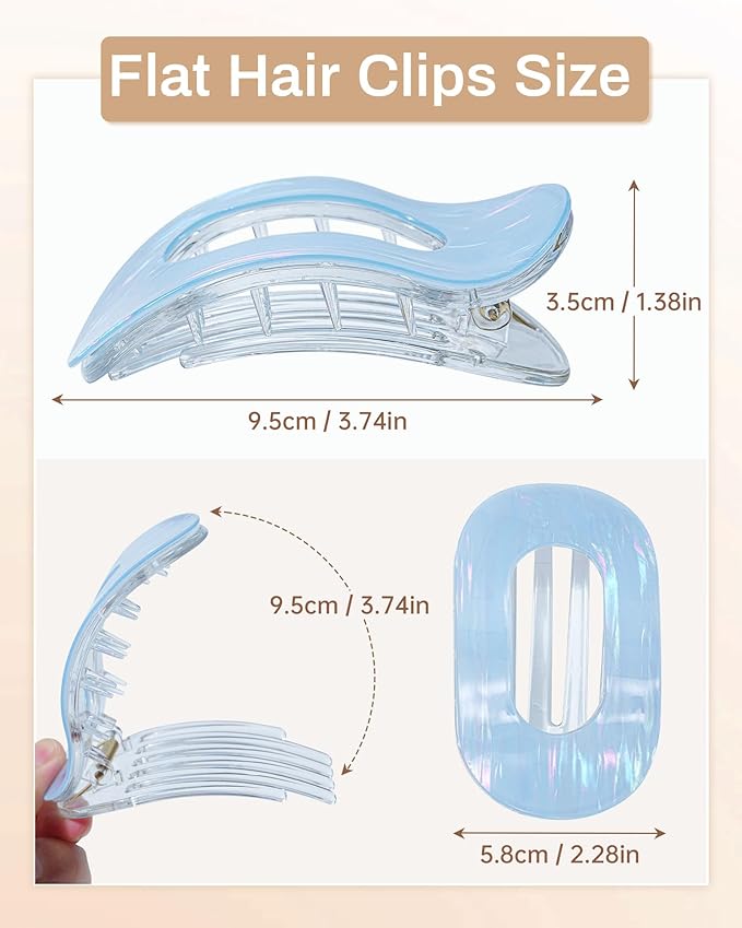 Mesovor 4 Pack French Flat Hair Clips for Women, 3.74" Nonslip Stylish Round Duckbill Lay Flat Hair Claw | Side Slide Volume Flat Hairclips for Lying Down, Yoga, Driving (Mermaid Stripes)