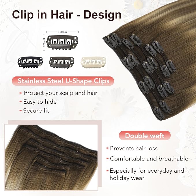XDhair Human Hair Clip in Hair Extensions 22 Inch 6pcs 120g Balayage Color 3 Darker Brown to 8 Ash Brown and 22 Golden Blonde Double Weft Clip in Hair Extensions(22”, 3/8/22)