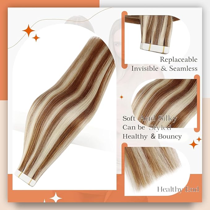 Full Shine Natural Tape in Hair Extensions Real Remy Hair Auburn Highlight Blonde Tape ins Human Hair Extensions 16 Inch Invisible Seamless Tape in Hair Extension Human Hair 50G Soft Extensions 20Pcs