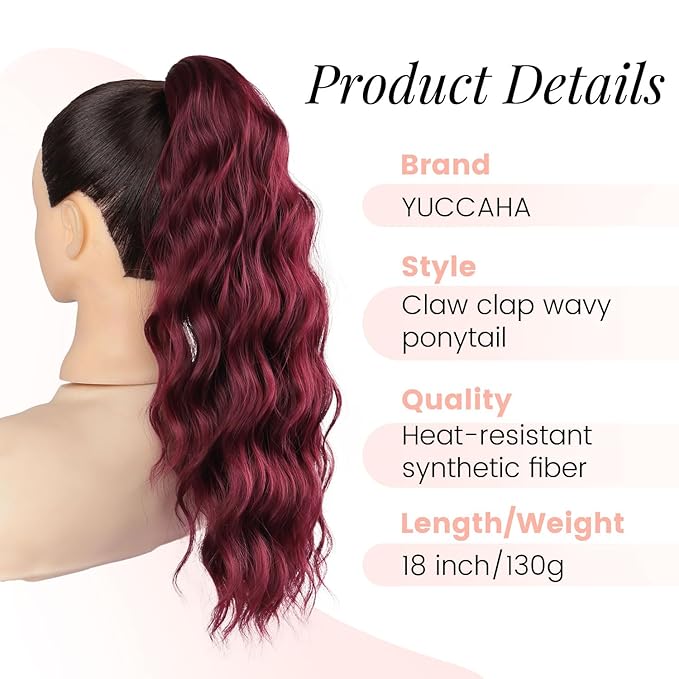 Ponytail Extension, 18 Inch Claw Clip Ponytail Extensions Wavy Ponytail Hair Extension for Women Fluffy Natural Synthetic Jaw Clip on Pony Tails Hairpiece for Daily Use (Wine Red)