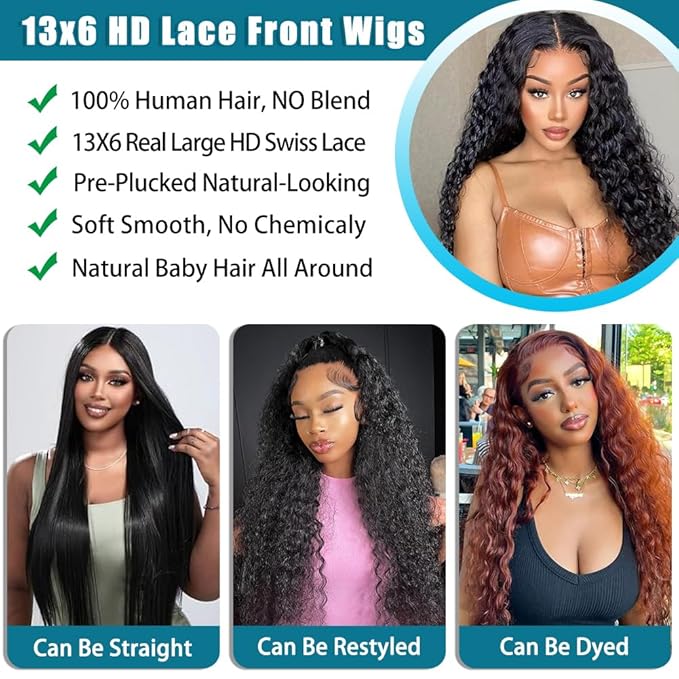 SOSATISFY 13x6 Deep Wave Lace Front Wigs Human Hair 200 Density Deep Wave Frontal Wigs Human Hair HD Lace Curly Wigs for Black Women Pre Plucked with Baby Hair Curly Lace Front Wig 22 Inch