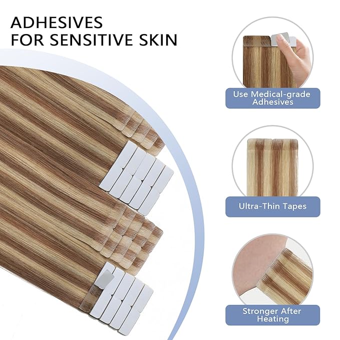 COOKAYU Injected Tape in Hair Extensions,Invisible Tape in Real Human Hair Extensions Gold Brown to Caramel Blonde 20pcs/pack 14Inch 30g Seamless