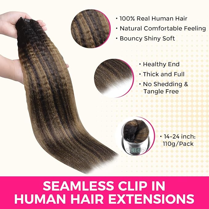 Lashey Seamless Clip in Hair Extensions Human Hair 110g 7pcs Kinky Straight Natural Black Mixed Chestnut Brown Clip insHair Extensions for Black Women 24 Inch Human Hair Clip in Extensions