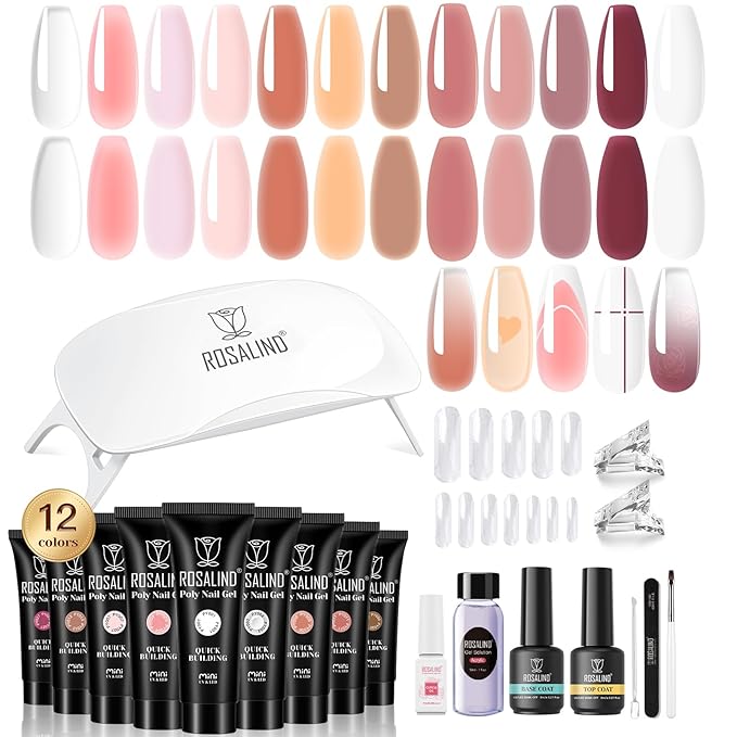 ROSALIND Poly Nail Gel Kit -12 Colors + Nail Art Accessories Kit Summer Neon Poly Nails Gel Kit Starter Kit With Slip Solution Pro Bright Colors Nail Extensions Gel Set with Mini UV Lamp