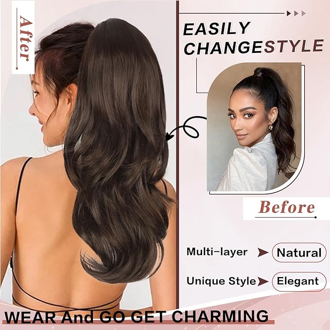 Ponytail Extension, Drawstring Ponytail Extension for Women 20 Inch Long Wavy Pony Tails Hair Extensions Synthetic Clip in Ponytail Hairpiece for Women(Medium Brown)