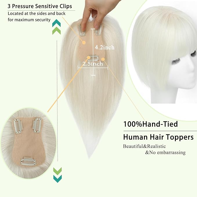 Hair Toppers for Women Real Human Hair, 360°3D Bangs Clip Human Toppers for Women with Thinning hair Realistic Scalp Line (60#, 3D French Bangs(11 * 7))