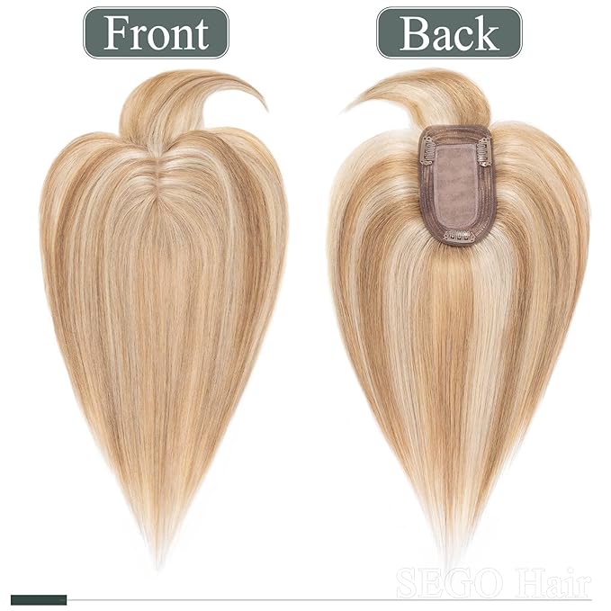 SEGO Hair Toppers for Women Real Human Hair with Front Bangs, Clip in Toppers with Thinning Hair 150% Density Silk Base -12 Inch #12/613 Golden Brown Mix Bleach Blonde