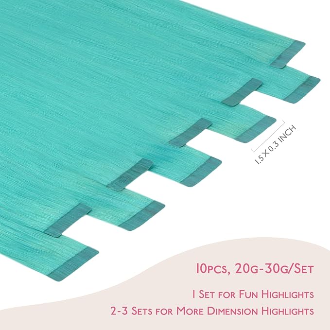 WENNALIFE Tape in Hair Extensions Human Hair Teal Green Tape in Extensions, 10pcs 25g 14 inch Remy Invisible Tape Ins Straight Colored Soft Real Human Hair Tape in Extensions Refill Set Extensions