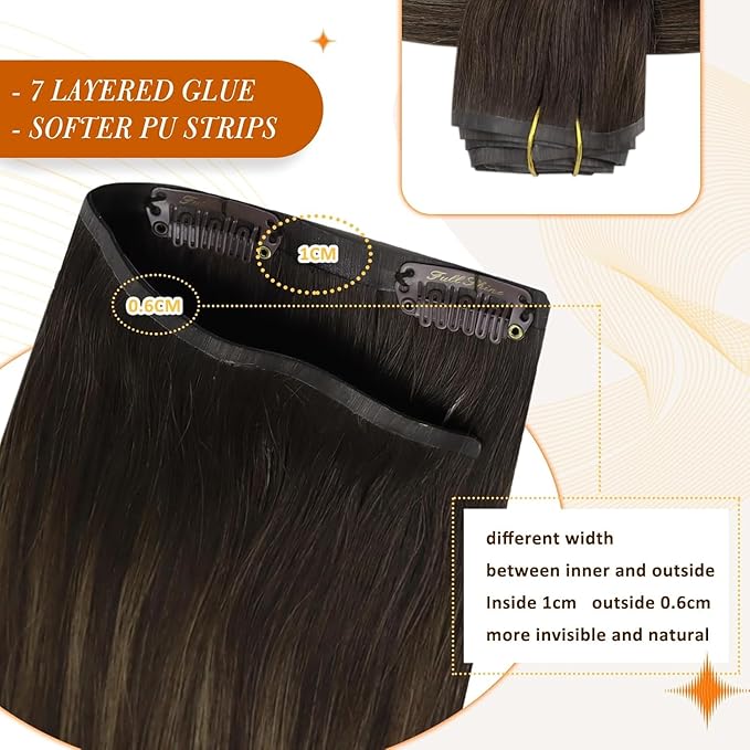 Full Shine Seamless Human Hair Clip in Extensions 14 Inch Ombre Dark Brown to Light Brown with Honey Blonde Clip in Hair Extensions for Women 8 PCS 120 Grams