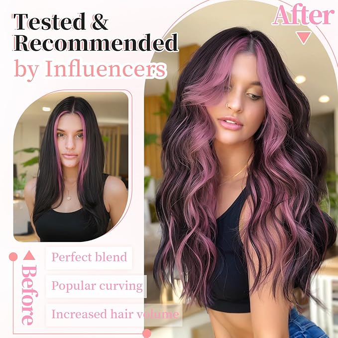 KooKaStyle Clip in Hair Extensions 4PCS Long Wavy Natural & Soft Hairpieces for Women 20 Inch for Women(Natural Black Pink)