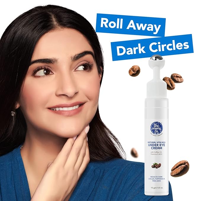 The Moms Co. Natural Vita Rich Under Eye Cream for Dark Circles and Puffiness for Women, Suitable for Delicate Skin Under Eye Area, Soothing Massage Roller with Coffee Oil, Vitamins E & B3, 15 gm