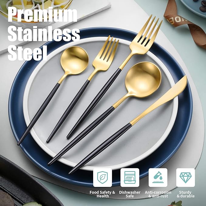 Matte Black Gold Silverware Set for 6,Modern Stainless Steel Brushed Cutlery Set,30-Pieces Heavy Duty Flatware Set,Knives Spoons and Forks Set Utensils Set, Satin Finish, Dishwasher Safe