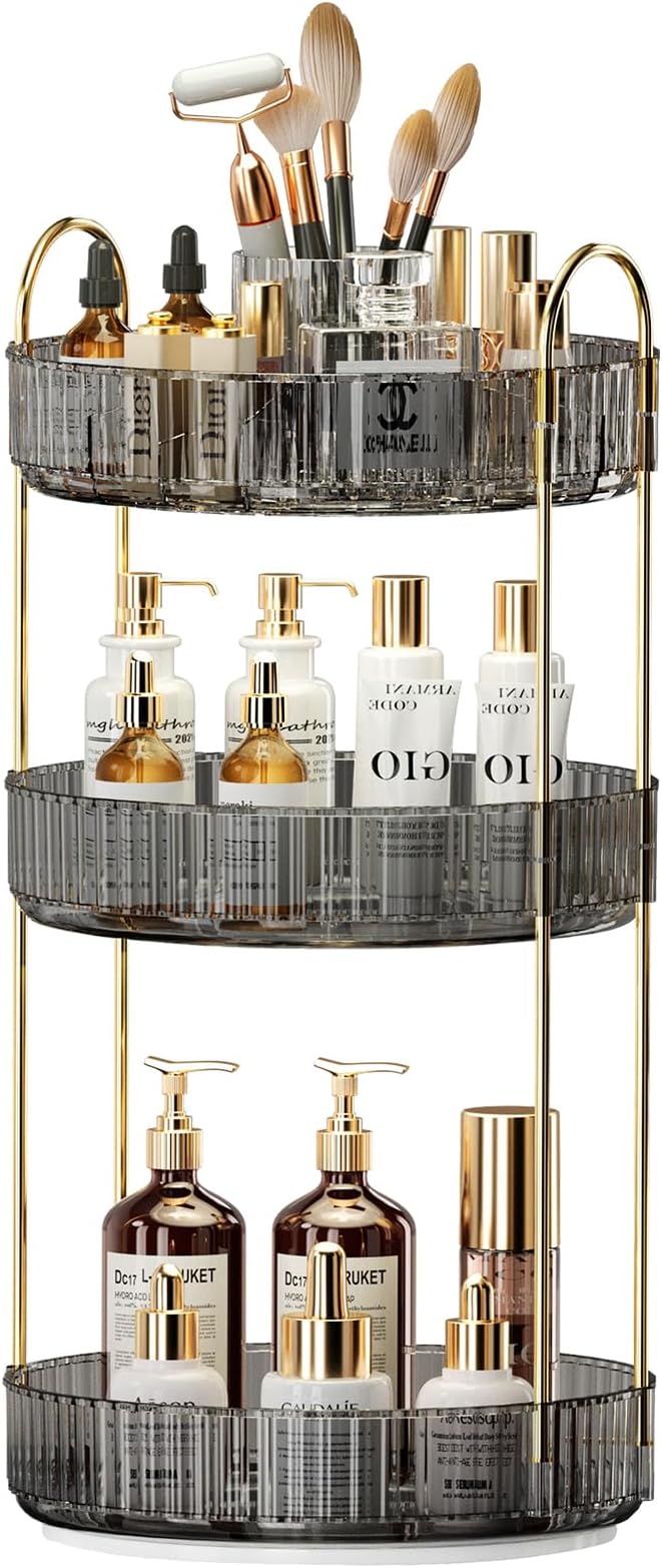 360° Rotating Makeup Organizer, Large-Capacity Skincare Make Up Storage 3 Tier Perfume Organizers Cosmetic Dresser Organizer with Makeup Brush Holder, Fits Bedroom, Bathroom, Vanity Shelf Countertop