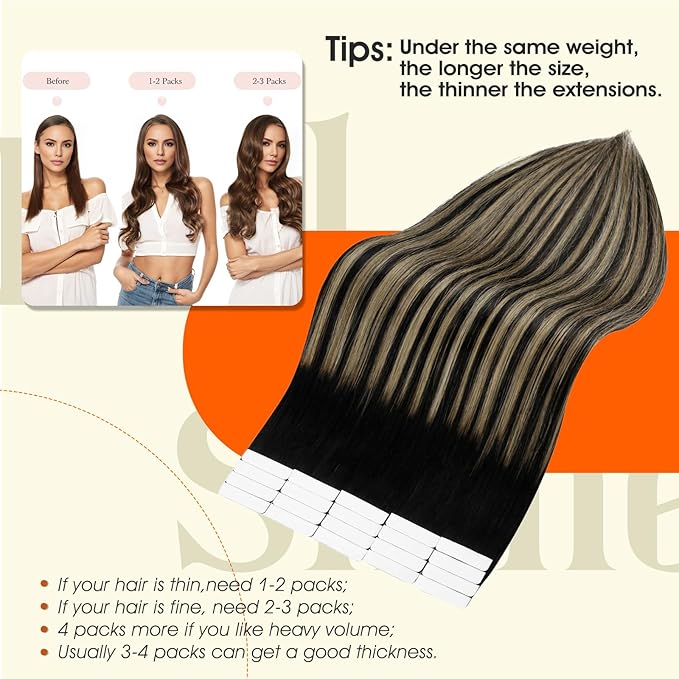 Full Shine Tape in Extensions 22Inch Tape in Hair Extensions Human Hair Color 1B/27/1B Off Black Ombre Honey Blonde Extension Invisible Remy Skin Weft 50G 20Pcs for Women Silky Straight