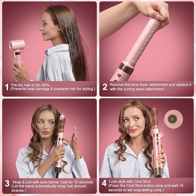 StyleVibe 8-in-1 Air Styler, Hair Dryer & Blow Dryer Brush with Travel Case - Auto Wrap Curls (L/R), Fast Drying, Thermal Round Brush for Smooth Blowouts & Frizz-Free Volume, No Heat Damage