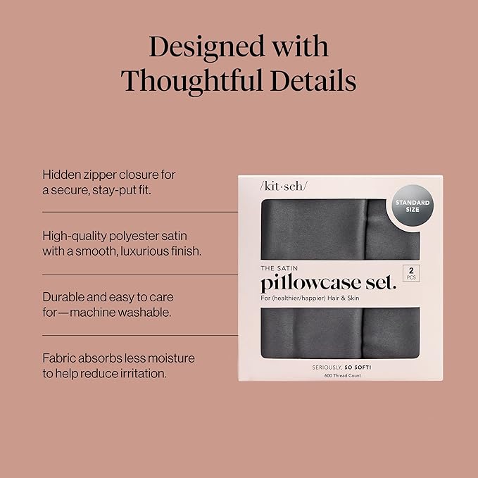 Kitsch Satin Pillowcase with Zipper for Hair & Skin, Softer Than Silk Pillow Cases Queen Size Set of 2, Wrinkle-Free, Smooth and Cooling Satin Pillow Covers, Standard Size 19"x26" - Charcoal, 2pcs