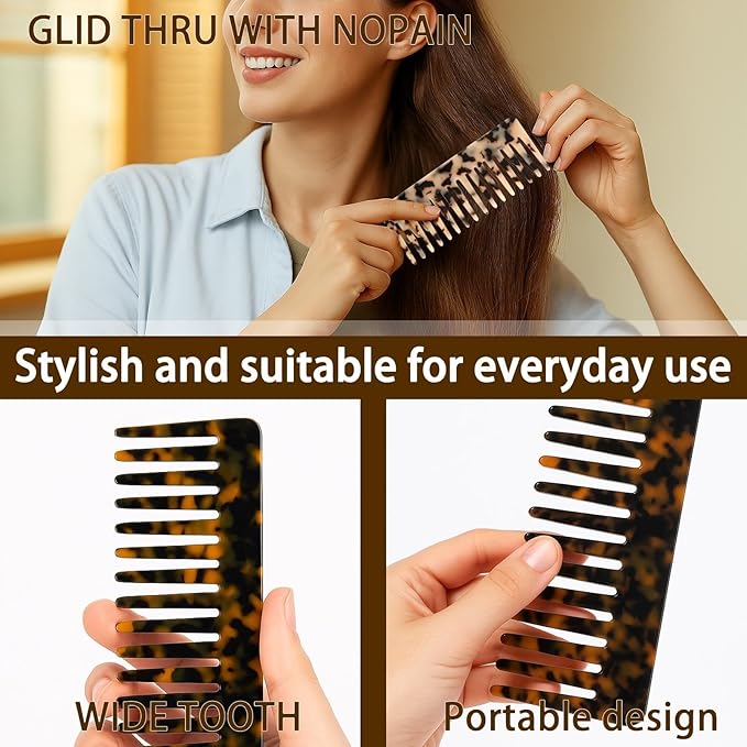 Large Hair Wide Tooth Combs, 2 Pack Cellulose Acetate Detangling Combs for Women Thick Curly Wavy Wet Dry Hair (Tortoise Shell, Ivory)