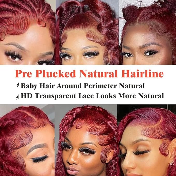 34 Inch 99J Burgundy 13x6 Lace Front Wigs Human Hair Red Burgundy Wig 200% Density Deep Wave Lace Front Wigs Human Hair Pre Plucked Glueless Lace Frontal Wigs for Women