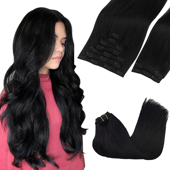 GOO GOO Clip in Hair Extensions Real Human Hair, Remy Human Hair Extensions Clip ins for Women, Natural Human Hair, 18inch 150g 9Pcs, 1 Jet black