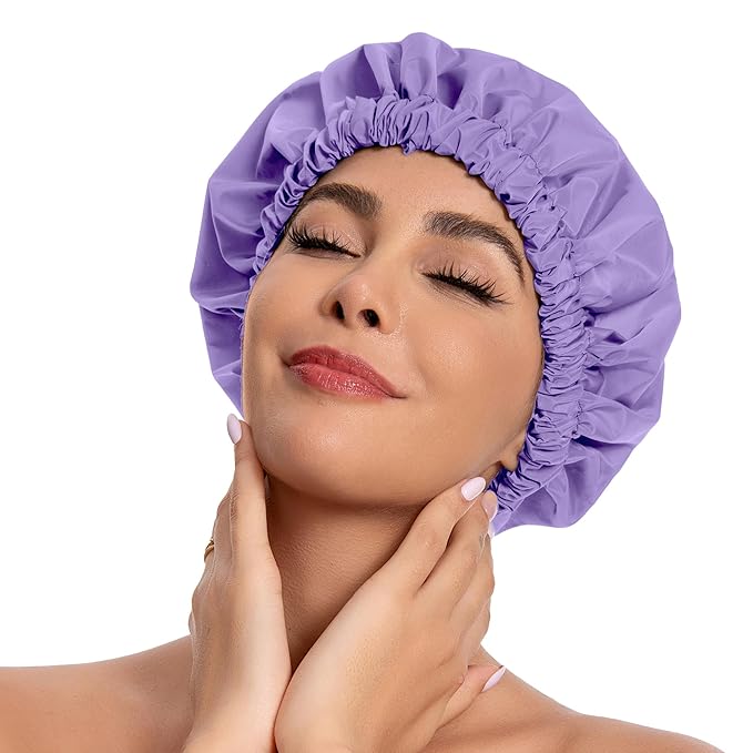 Reusable Shower Cap for Women, Stylish Large Waterproof Shower Bonnet Washable Wide Elastic Band Hair Cap for Long Hair, Braids Bath Hat(Purple)
