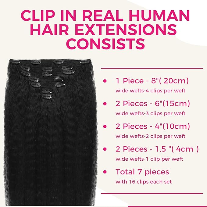 Lashey Clip in Hair Extensions, Kinky Straight 16 Inch 7pcs 120g #1B Natural Black Remy Human Hair Extensions Natural Thick Clip in Hair Extensions for Black Women
