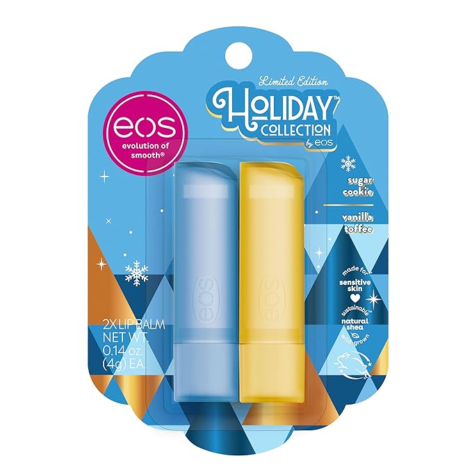 eos Holiday Lip Balm Gift- Sugar Cookie & Vanilla Toffee, Stocking Stuffers, All-Day Moisture Lip Care, 0.14 oz, 2-Pack
