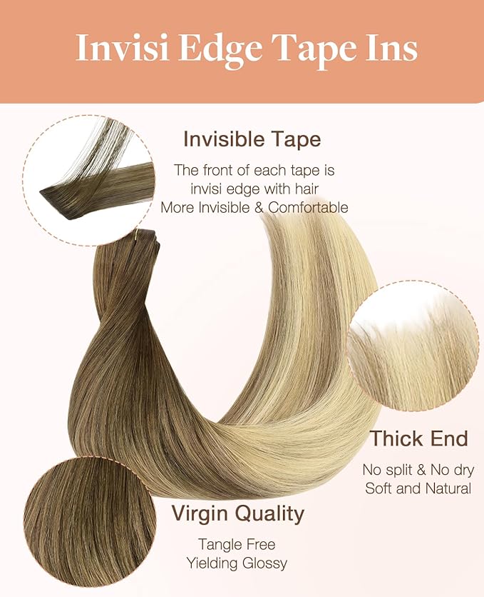 GOO GOO Invisi Edge Tape in Hair Extensions Human Hair, 3/8/613 Walnut Brown to Ash Brown and Bleach Blonde 10pcs injected with 10pcs classical tape ins, 18inch 50g, Virgin Remy Hair, Natural Look