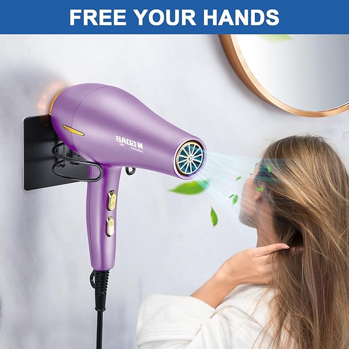Blow Dryer Holder Wall Mounted, Hair Dryer Holder Stand for Most Hair Dryers Organizer and Storage, Self Adhesive Hairdryer Hanger Rack for Bathroom and Cabinet, Black