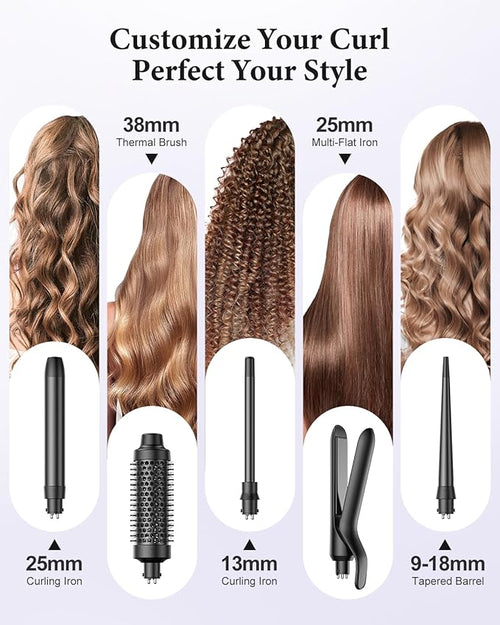 5 in 1 Curling Iron, Curling Wand Set with Thermal Brush, Flat Iron Hair Straightener, 3 Ceramic Irons (0.35"-1"), 13 Adjustable Temps, Hair Curler Waver with Heat Resistant Mat, Glove, Clip
