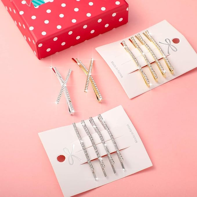 12 Pieces Rhinestone Bobby Pins Decorative Fancy Crystal Hair Clips Shiny Metal X Shaped Barrettes Bling Diamond Wedding Bridal Shower Hair Accessories for Women Ladies Girls (Gold, Silver)