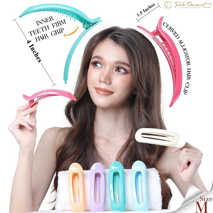 RC ROCHE 6 Pcs Flat Claw Hair Clips for Women Alligator French Barrette Long Thick Hair Duckbill Curved No Slip Grip Lay Flat Side Slide Firm Classic Styling, Medium Pastel
