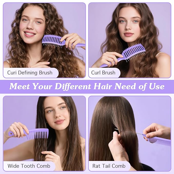 Curly Hair Brush & Curl Defining Brush – Easily Detangles Knots with Less Pulling – Styles Wet or Dry Hair, Tames Frizz for All Curl Types (Purple 3Pcs)